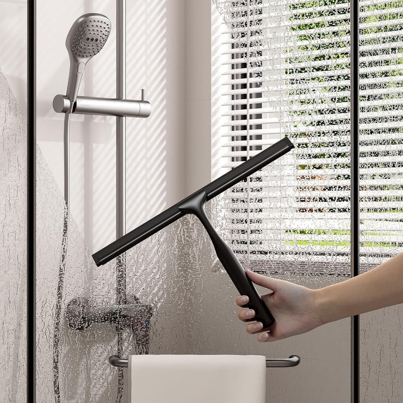 APLOP Stainless Steel Shower Squeegee for Glass Doors, Multi-Purpose Squeegee for Shower Glass, Bathroom and Car Windows, Squeegee with Adhesive Hook-10”, Black - Image 2